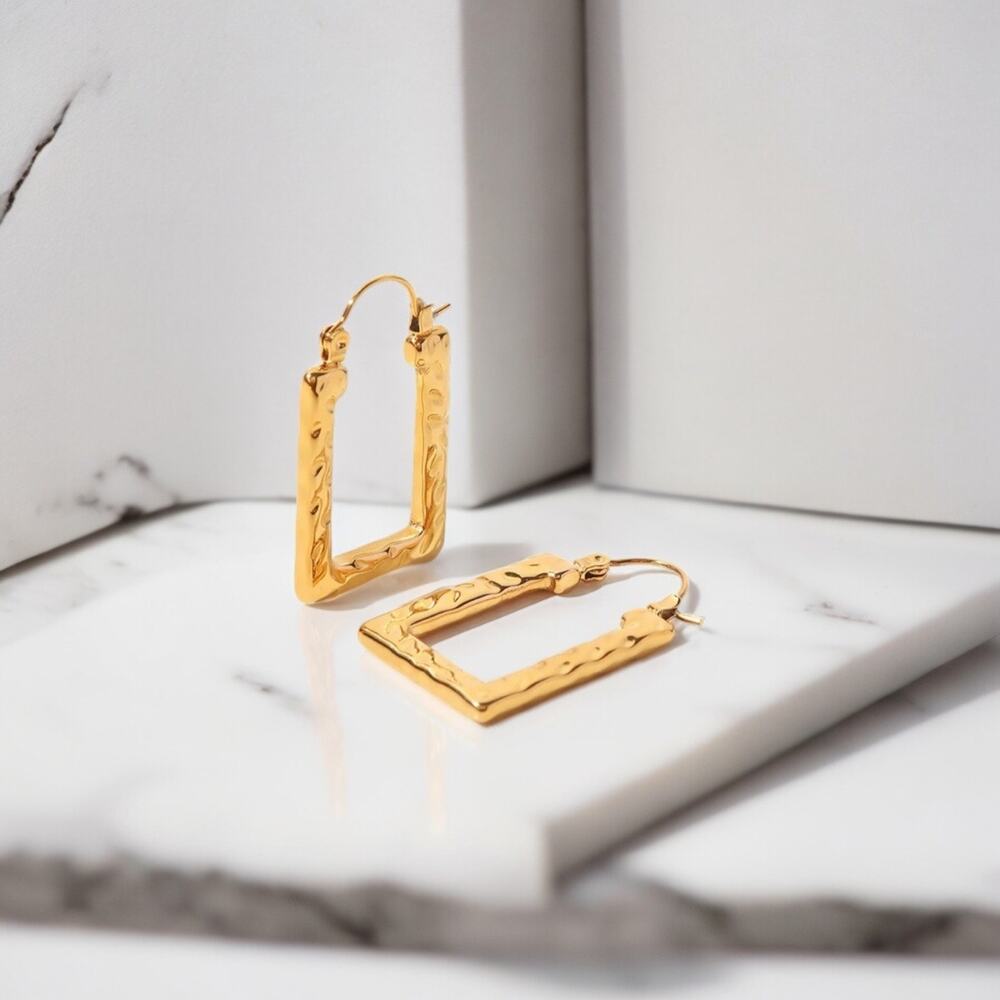 NEW 18K yellow gold plated square shaped pounded  hoop earrings jewelry B5A